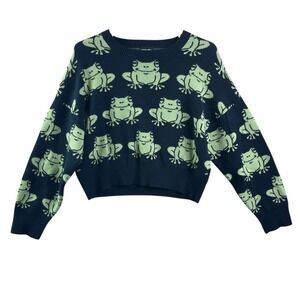 Originality Cute Frog Crop Pullover Sweater Womens Small Blue Green Kawaii